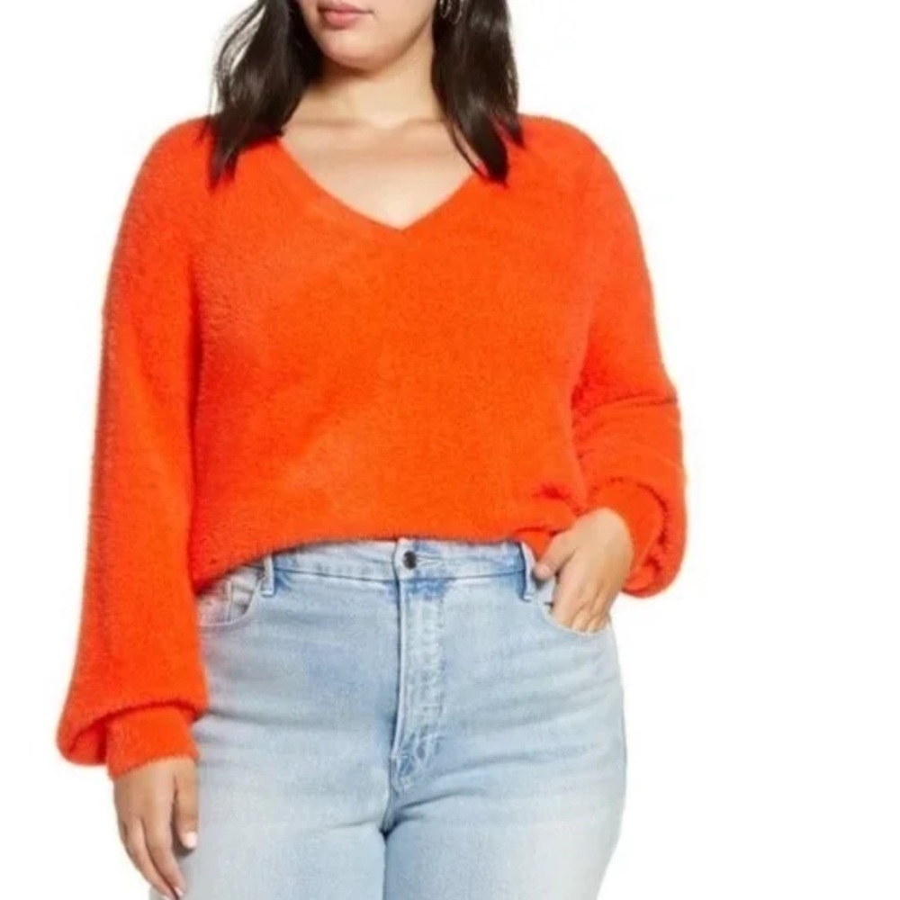 Halogen Bright Orange Fluffy V Neck Sweater Size M